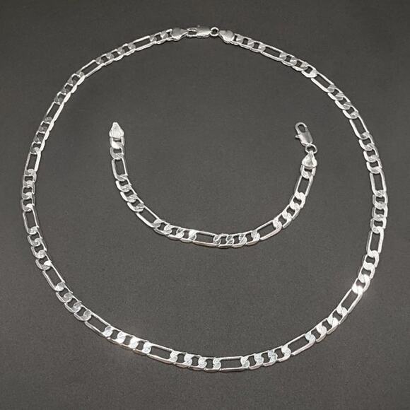 925 Silver Figaro Chain Necklace Bracelet Set 8mm Anniversary Birthday Gift - Picture 1 of 6